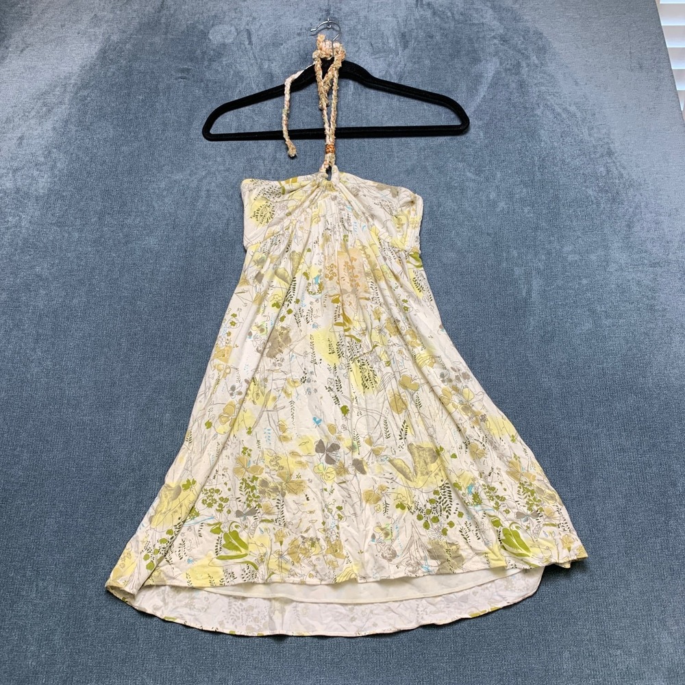 Free People Halter Dress Women 8 White Yellow Floral Smocked Boho Beach Summer